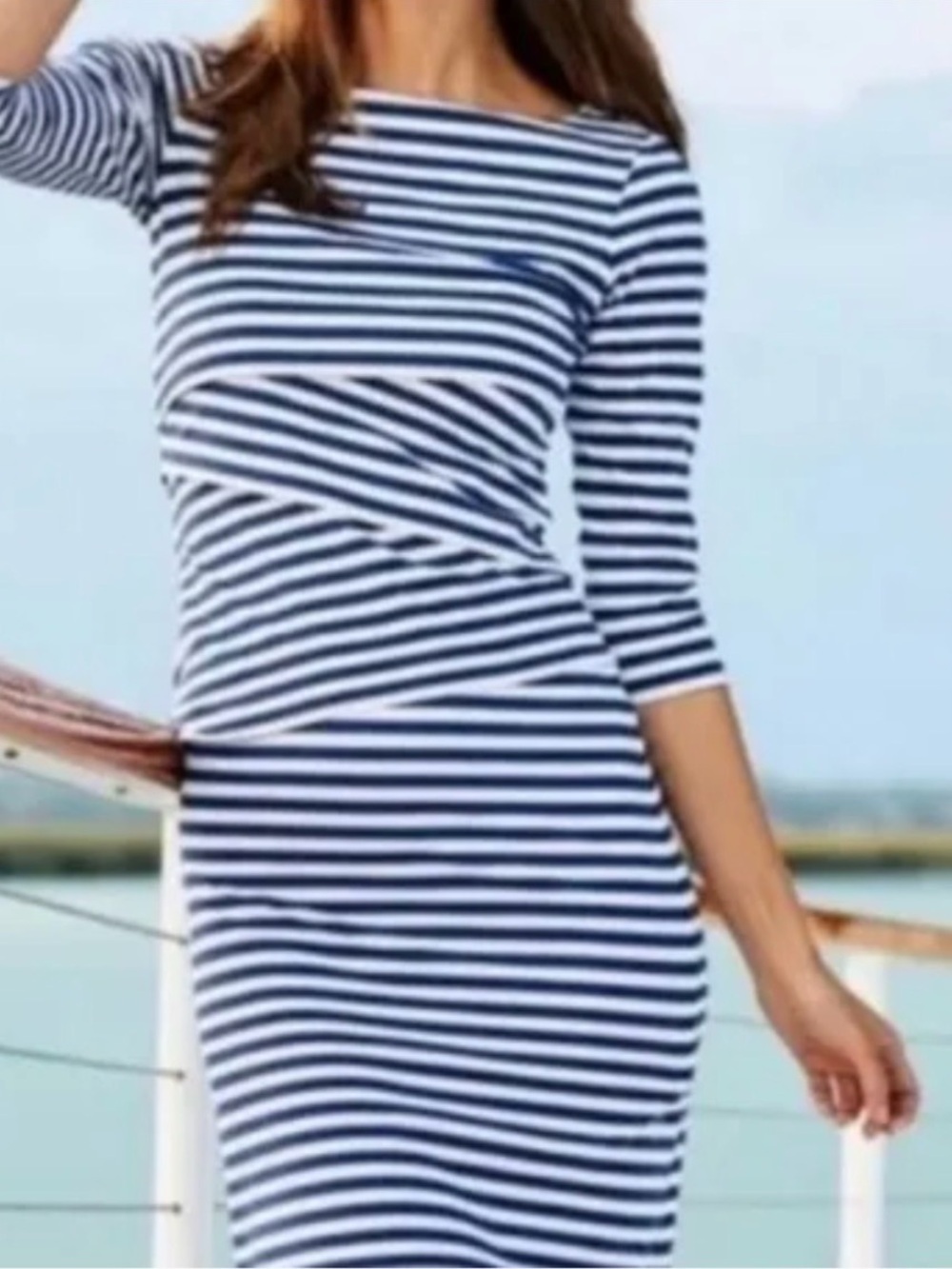 J McLaughlin Nicola Sheath Dress M Navy White Stripe 3/4 Sleeve Nautical